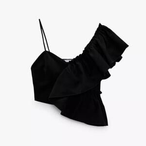 Zara Black Ruffled Asymmetrical Cropped Tank Top Size Medium